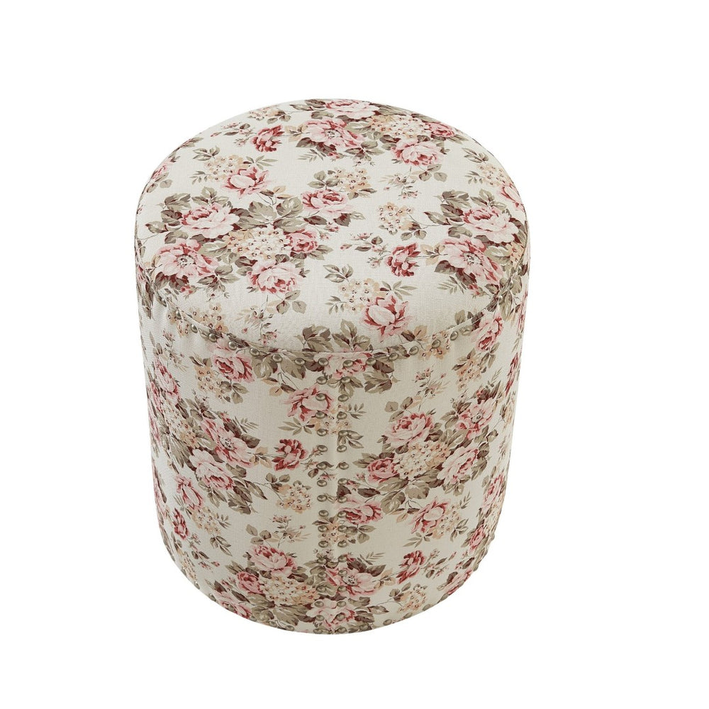 HomeRoots 18" Elegant Round Floral Ottoman in Ivory Linen – Chic Accent Piece for Stylish Living Spaces Cluster Red 487834
