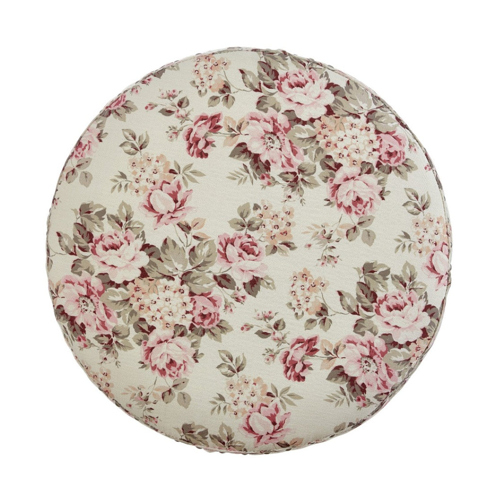HomeRoots 18" Elegant Round Floral Ottoman in Ivory Linen – Chic Accent Piece for Stylish Living Spaces Cluster Red 487834