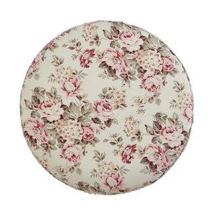 Homeroots 18" Ivory Linen Round Floral Ottoman Cluster Red  487834