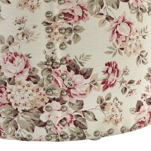 Homeroots 18" Ivory Linen Round Floral Ottoman Cluster Red  487834