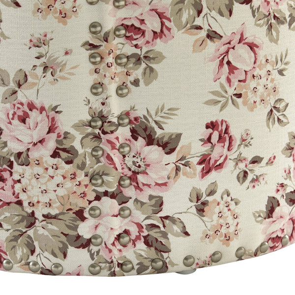 Homeroots 18" Ivory Linen Round Floral Ottoman Cluster Red  487834