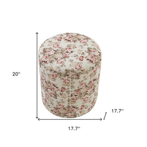 Homeroots 18" Ivory Linen Round Floral Ottoman Cluster Red  487834