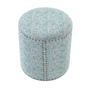 Homeroots 18" Blue Linen Round Floral Ottoman Indes Blue Ground  487835