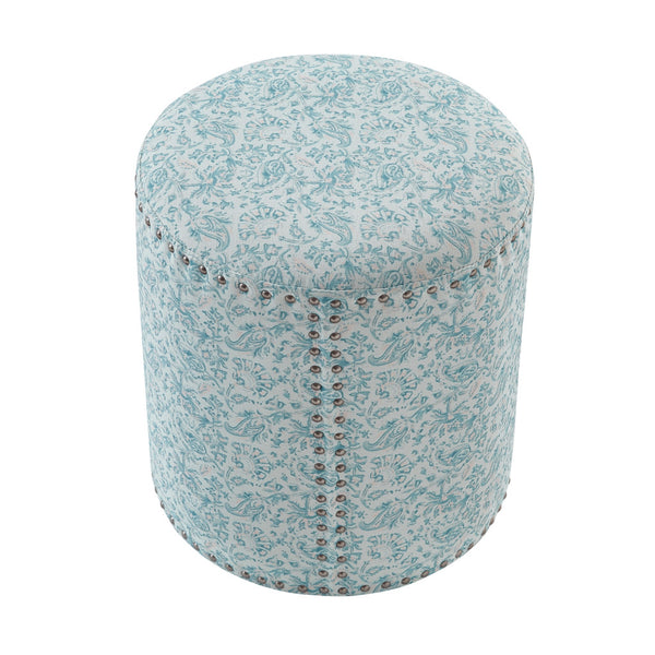 Homeroots 18" Blue Linen Round Floral Ottoman Indes Blue Ground  487835
