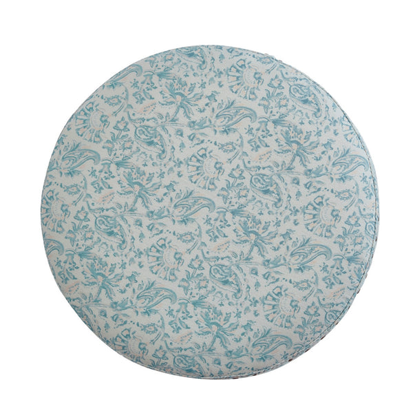 Homeroots 18" Blue Linen Round Floral Ottoman Indes Blue Ground  487835
