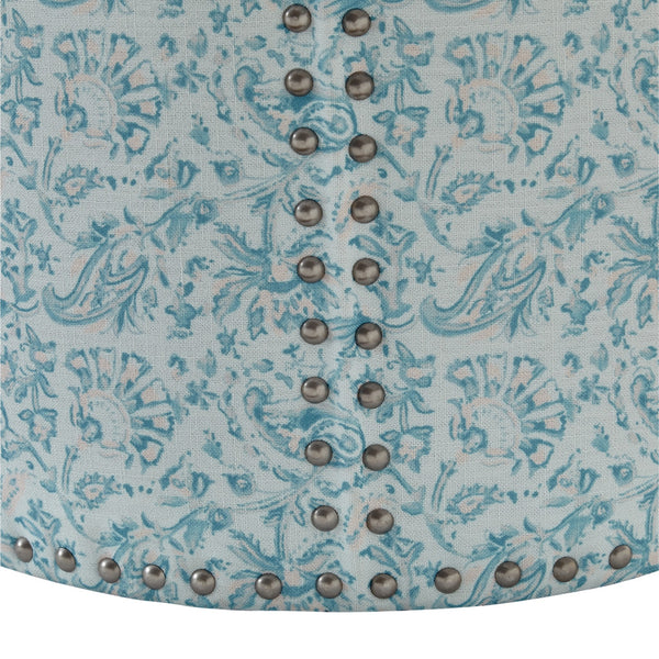 Homeroots 18" Blue Linen Round Floral Ottoman Indes Blue Ground  487835
