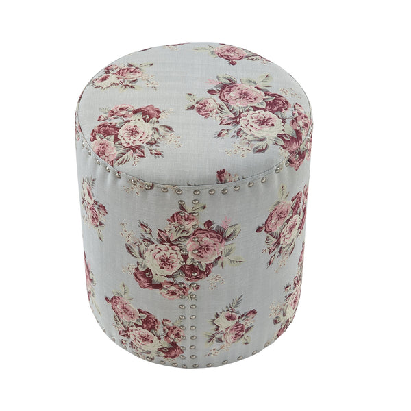 Homeroots 18" Pink Linen Round Floral Ottoman Manor Floral  487836
