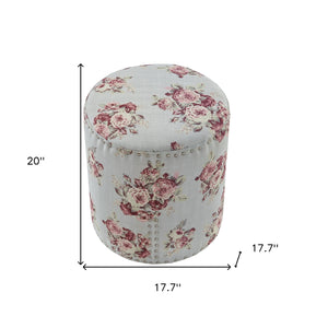 Homeroots 18" Pink Linen Round Floral Ottoman Manor Floral  487836