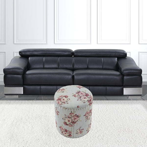 Homeroots 18" Pink Linen Round Floral Ottoman Manor Floral  487836