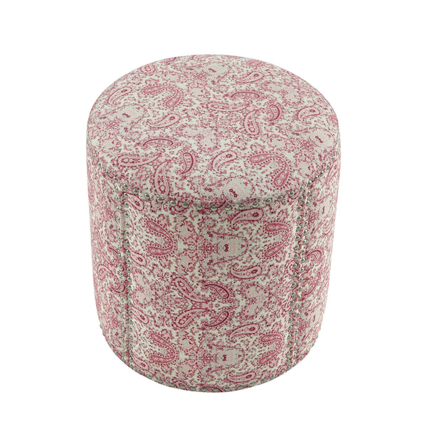 Homeroots 18" Red Linen Round Floral Ottoman Paisley Red  487837