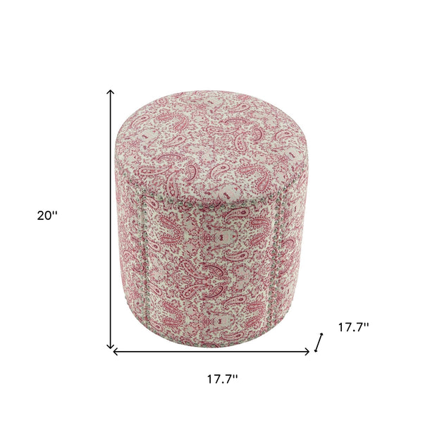 Homeroots 18" Red Linen Round Floral Ottoman Paisley Red  487837