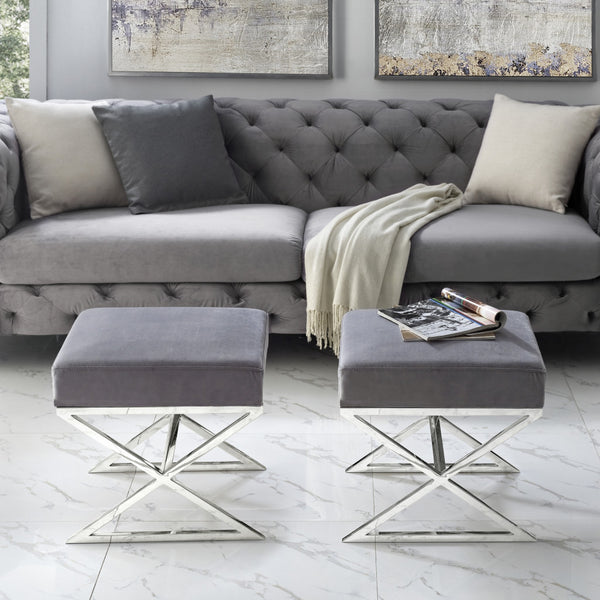 Homeroots 18" Gray Velvet And Silver Ottoman Grey,Velvet  487856