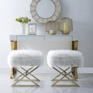 Homeroots 18" White Faux Fur And Brass Ottoman White,Faux Fur  487858