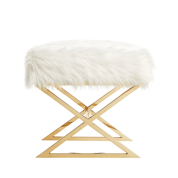 Homeroots 18" White Faux Fur And Brass Ottoman White,Faux Fur  487858