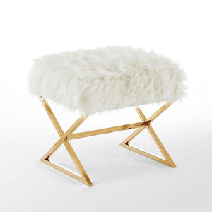 Homeroots 18" White Faux Fur And Brass Ottoman White,Faux Fur  487858