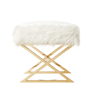 Homeroots 18" White Faux Fur And Brass Ottoman White,Faux Fur  487858