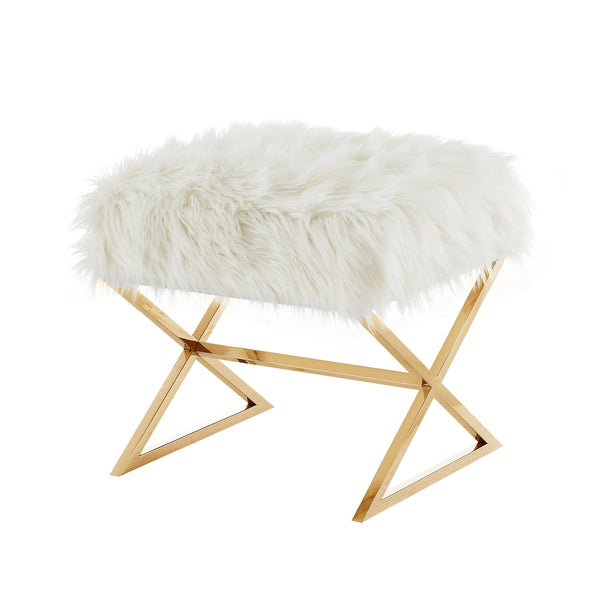 Homeroots 18" White Faux Fur And Brass Ottoman White,Faux Fur  487858