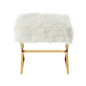 Homeroots 18" White Faux Fur And Brass Ottoman White,Faux Fur  487858