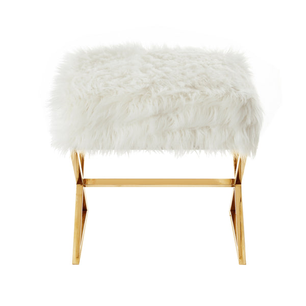 Homeroots 18" White Faux Fur And Brass Ottoman White,Faux Fur  487858