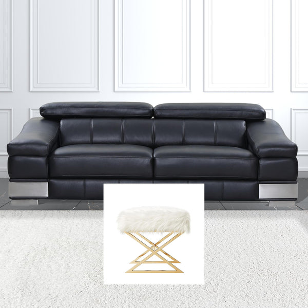 Homeroots 18" White Faux Fur And Brass Ottoman White,Faux Fur  487858