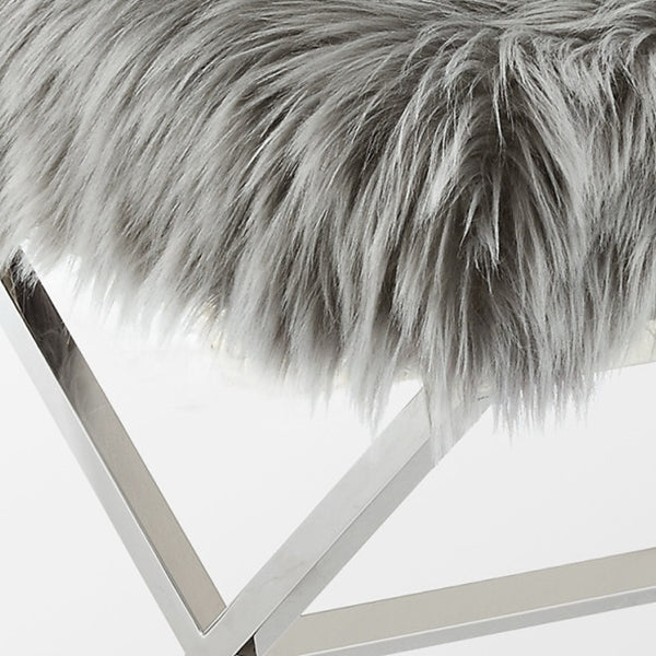 Homeroots 18" Gray Faux Fur And Silver Ottoman Grey,Faux Fur  487859