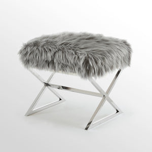 Homeroots 18" Gray Faux Fur And Silver Ottoman Grey,Faux Fur  487859