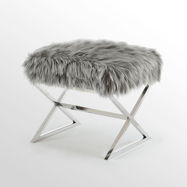 Homeroots 18" Gray Faux Fur And Silver Ottoman Grey,Faux Fur  487859