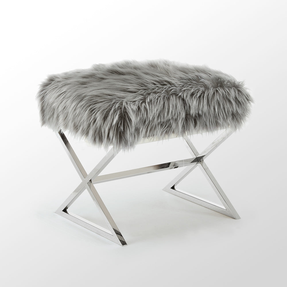 Homeroots 18" Gray Faux Fur And Silver Ottoman Grey,Faux Fur  487859