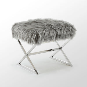 Homeroots 18" Gray Faux Fur And Silver Ottoman Grey,Faux Fur  487859