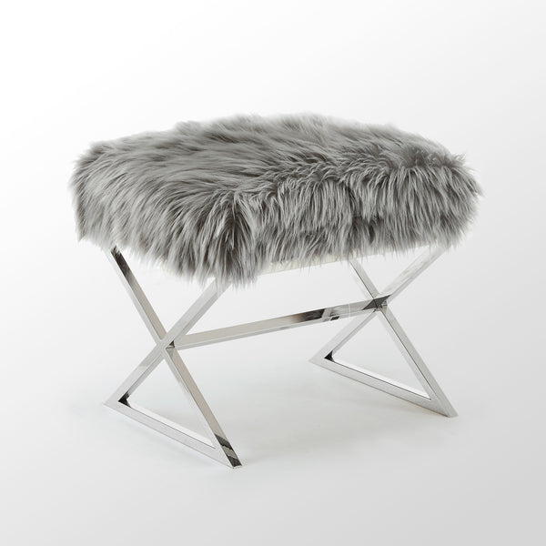 Homeroots 18" Gray Faux Fur And Silver Ottoman Grey,Faux Fur  487859