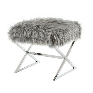 Homeroots 18" Gray Faux Fur And Silver Ottoman Grey,Faux Fur  487859