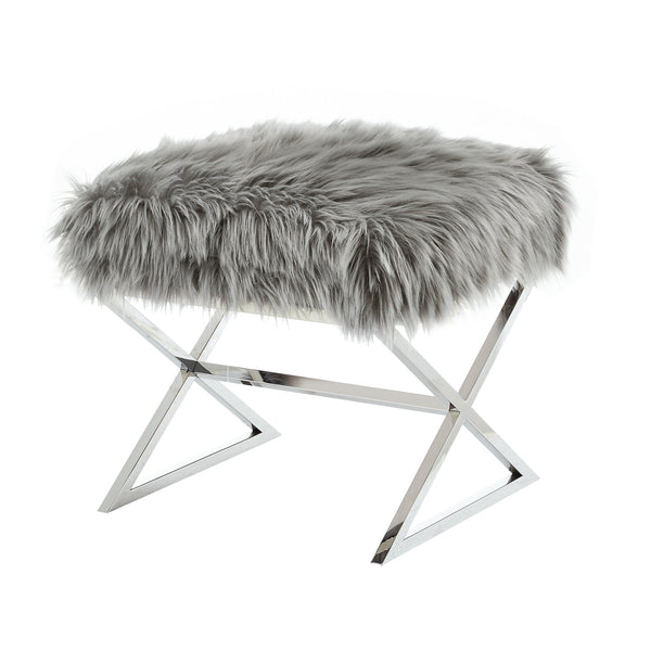 Homeroots 18" Gray Faux Fur And Silver Ottoman Grey,Faux Fur  487859