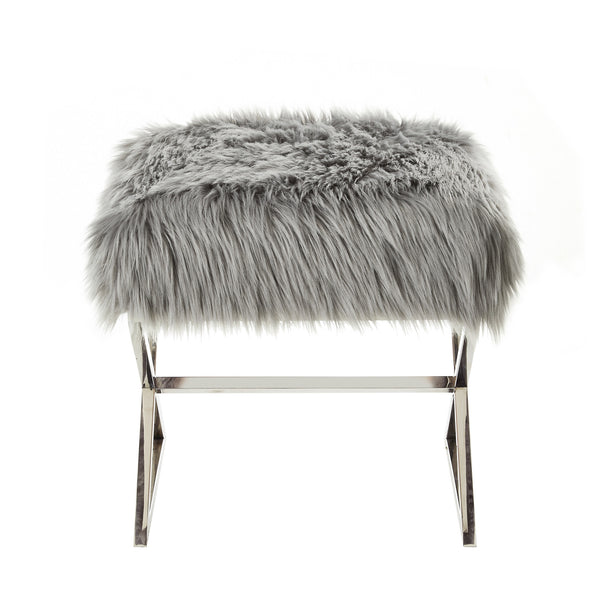Homeroots 18" Gray Faux Fur And Silver Ottoman Grey,Faux Fur  487859