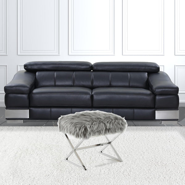 Homeroots 18" Gray Faux Fur And Silver Ottoman Grey,Faux Fur  487859