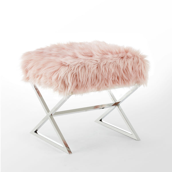 Homeroots 18" Rose Faux Fur And Silver Ottoman Rose,Faux Fur  487860
