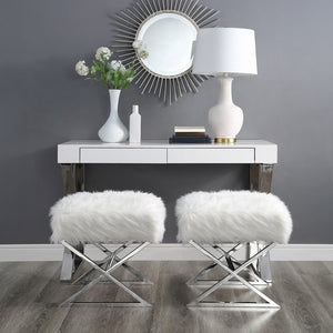 Homeroots 18" White Faux Fur And Silver Ottoman White,Faux Fur  487861