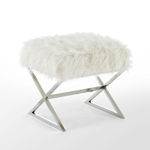 Homeroots 18" White Faux Fur And Silver Ottoman White,Faux Fur  487861