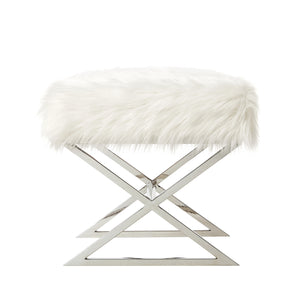 Homeroots 18" White Faux Fur And Silver Ottoman White,Faux Fur  487861