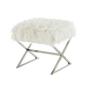 Homeroots 18" White Faux Fur And Silver Ottoman White,Faux Fur  487861