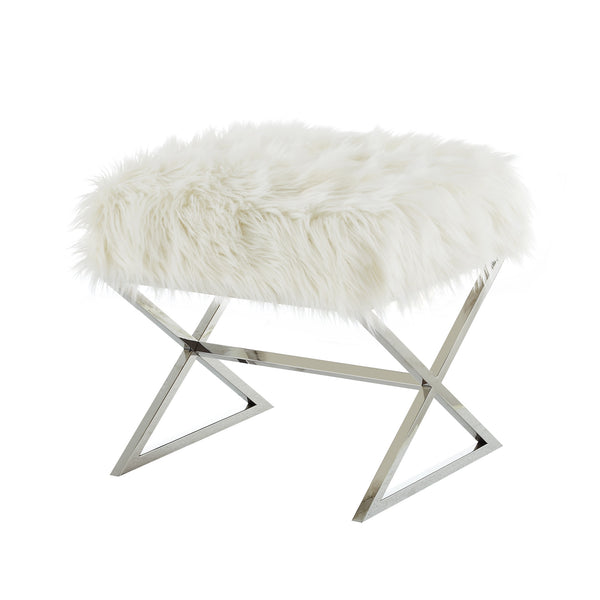 Homeroots 18" White Faux Fur And Silver Ottoman White,Faux Fur  487861