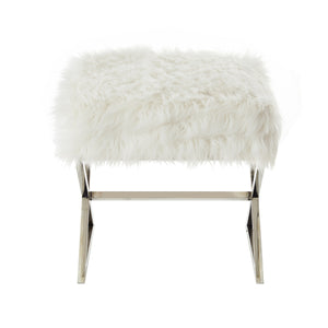 Homeroots 18" White Faux Fur And Silver Ottoman White,Faux Fur  487861