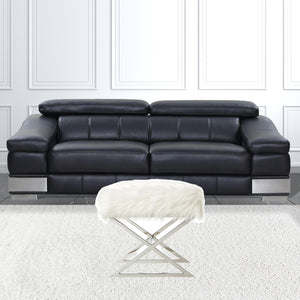 Homeroots 18" White Faux Fur And Silver Ottoman White,Faux Fur  487861