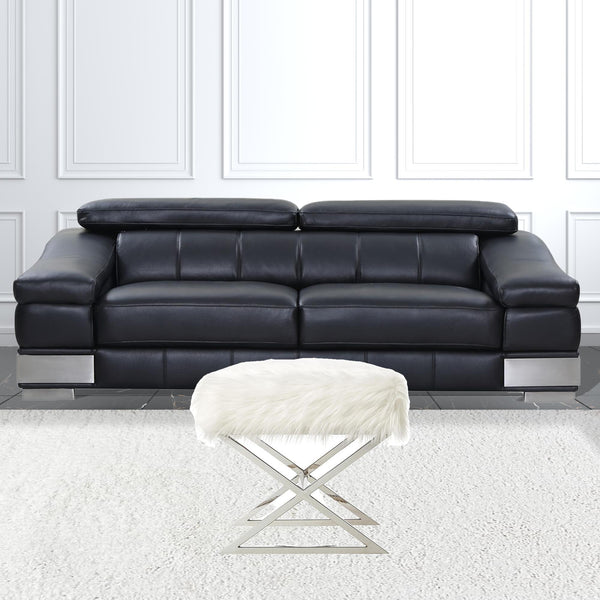 Homeroots 18" White Faux Fur And Silver Ottoman White,Faux Fur  487861