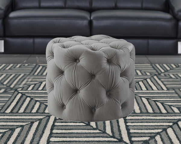 Homeroots 21" Gray Velvet Tufted Round Ottoman Grey,Velvet  487863