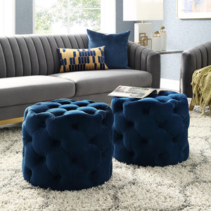 Homeroots 21" Navy Blue Velvet Tufted Round Ottoman Navy,Velvet  487864