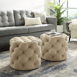 Homeroots 21" Beige Linen Tufted Round Ottoman Beige,Linen  487865