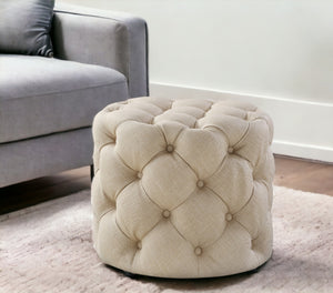 Homeroots 21" Beige Linen Tufted Round Ottoman Beige,Linen  487865