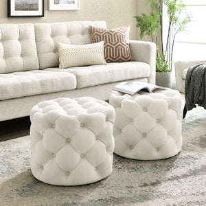 Homeroots 21" White Linen Tufted Round Ottoman F  487866