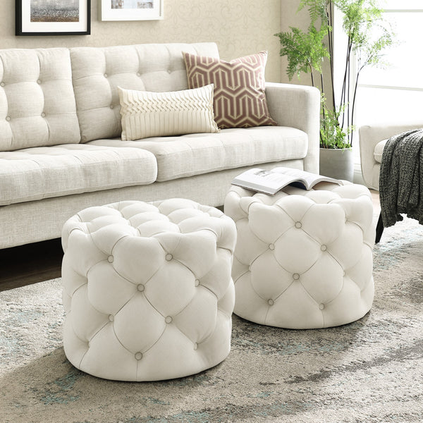 Homeroots 21" White Linen Tufted Round Ottoman F  487866
