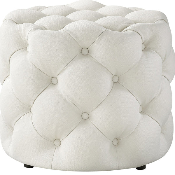 Homeroots 21" White Linen Tufted Round Ottoman F  487866